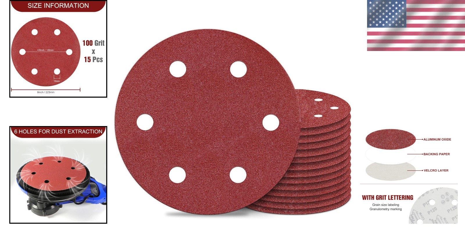 9 Inch 6 Hole Sanding Discs 180 Grit Hook and Loop for Drywall Sander 15PCS