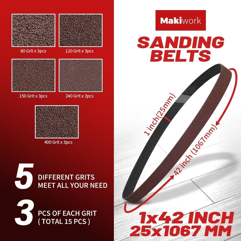 Versatile 15-Pack Sanding Belts – 1×42 Inch, Aluminum Oxide for Multiple Uses