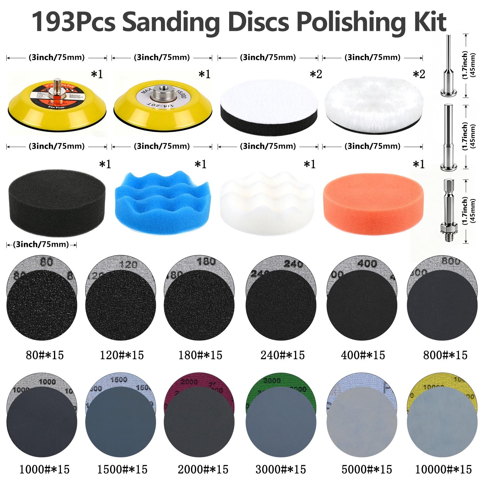 193Pcs 3 Inch Polishing Kit Hook and Loop Sanding Discs, Headlight Restoratio…