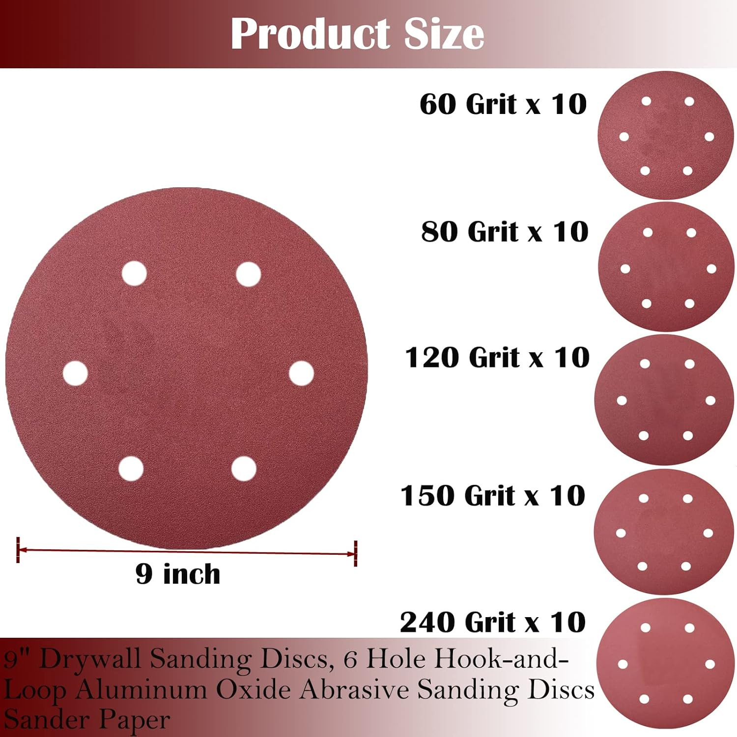 50 PCS 9 Inch 6 Hole Drywall Sanding Discs Set -10 Each of 60 80 120 150 240
