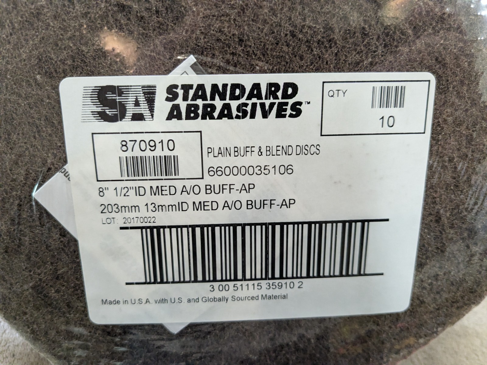 STANDARD ABRASIVES Buff & Blend Discs 8″ 1/2″ ID 870910 Medium – 10PK