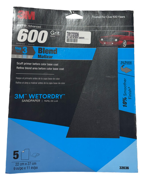 3M Auto Advanced 9″ x 11″ Wetordry Sandpaper Sheets 600 Grit Aluminum Oxide 5pk