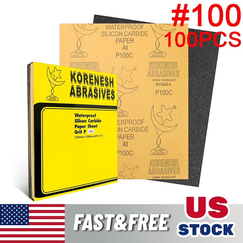 100Pcs Sandpaper Sanding Sheet 100 Grit Wet & Dry For Wood Car Metal Factory