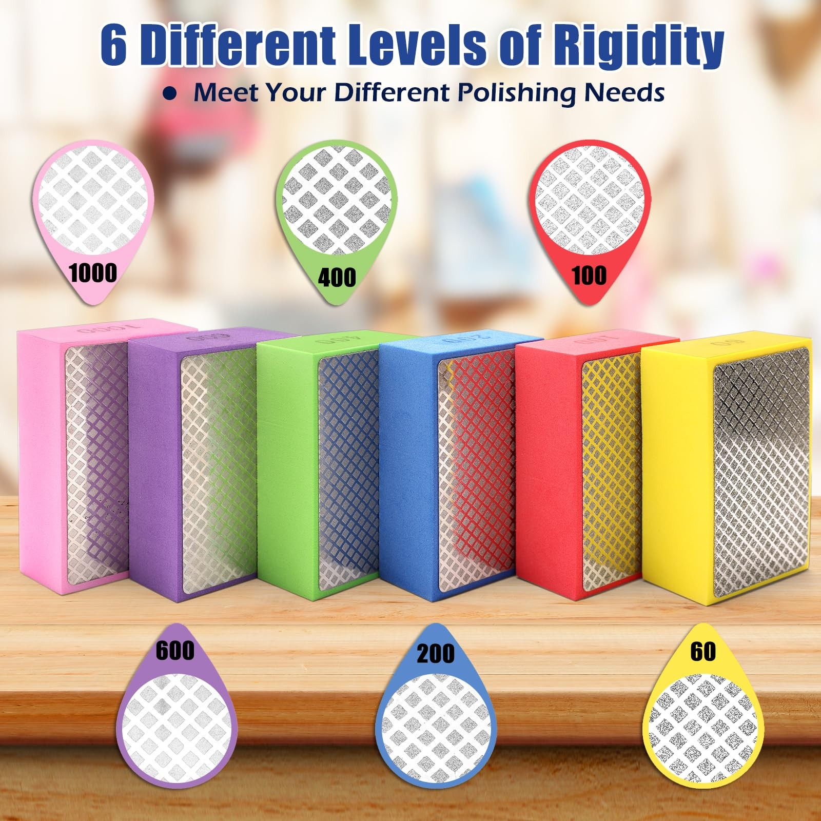 6 Pack Diamond Hand Polishing Pads Sanding Blocks for Glass Wood Ceramic Marble