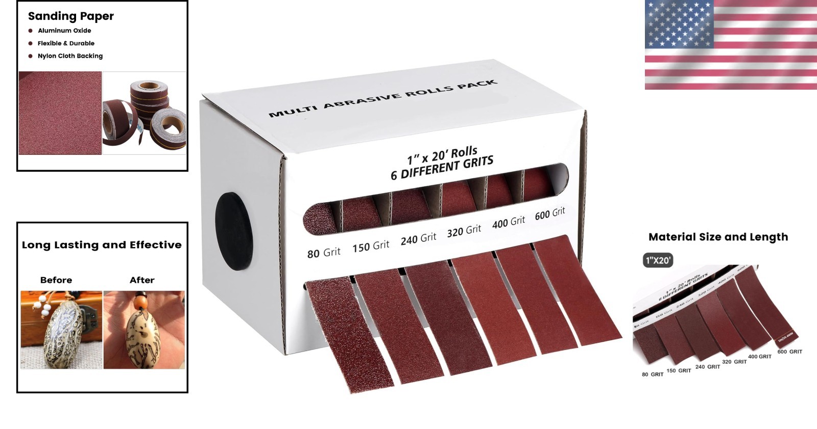 6 Grit Sandpaper Roll – 1” x 20FT Emery Cloth with Easy Dispenser for Crafts