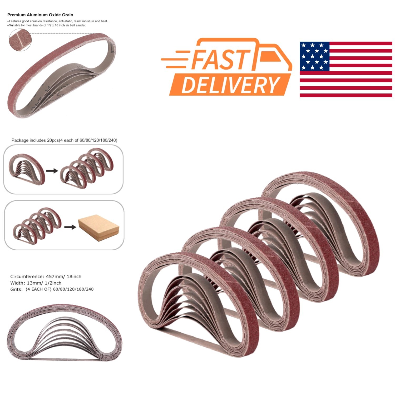 1/2 Inch x 18 Inch Sanding Belts 20 Pack Aluminum Oxide Grits 60 80 120 180 240