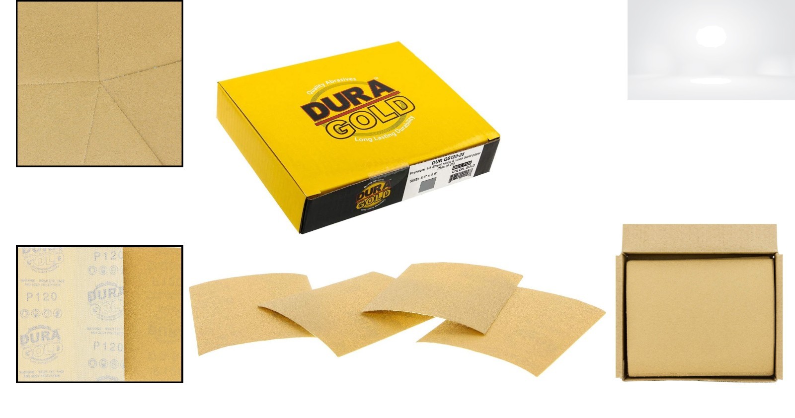 1/4 Sheet Sandpaper 120 Grit Gold Hook & Loop 4.5×5.5in 25 Pack For Palm Sanders
