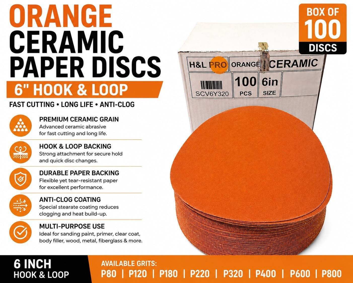 6″ Orange Ceramic Sanding Discs Hook & Loop Paper 100 Pack P80-P800