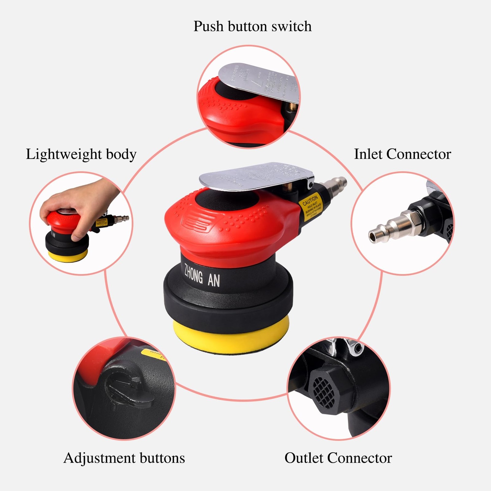 3inch Random Orbital Sander – Pneumatic Palm Sander For Wood, Composites,