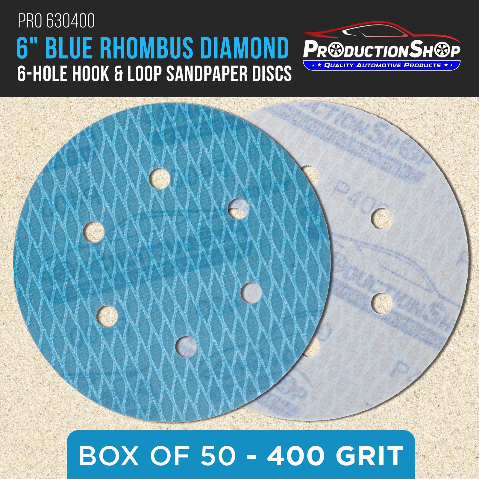 400 Grit 6″ Diamond Shape Sanding Discs, 6-Hole, Box of 50 Hook & Loop Sandpaper