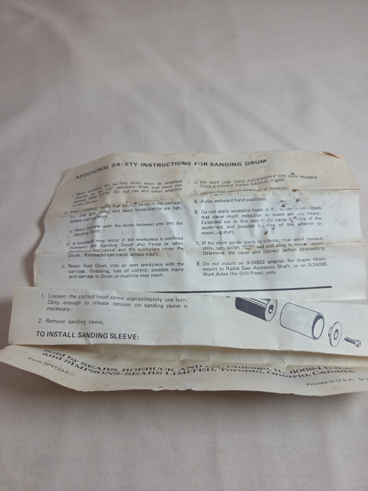 Sears Craftsman 3 in. Face 2-1/4 in. Dia. Sanding Drum # 9-25246 With Box