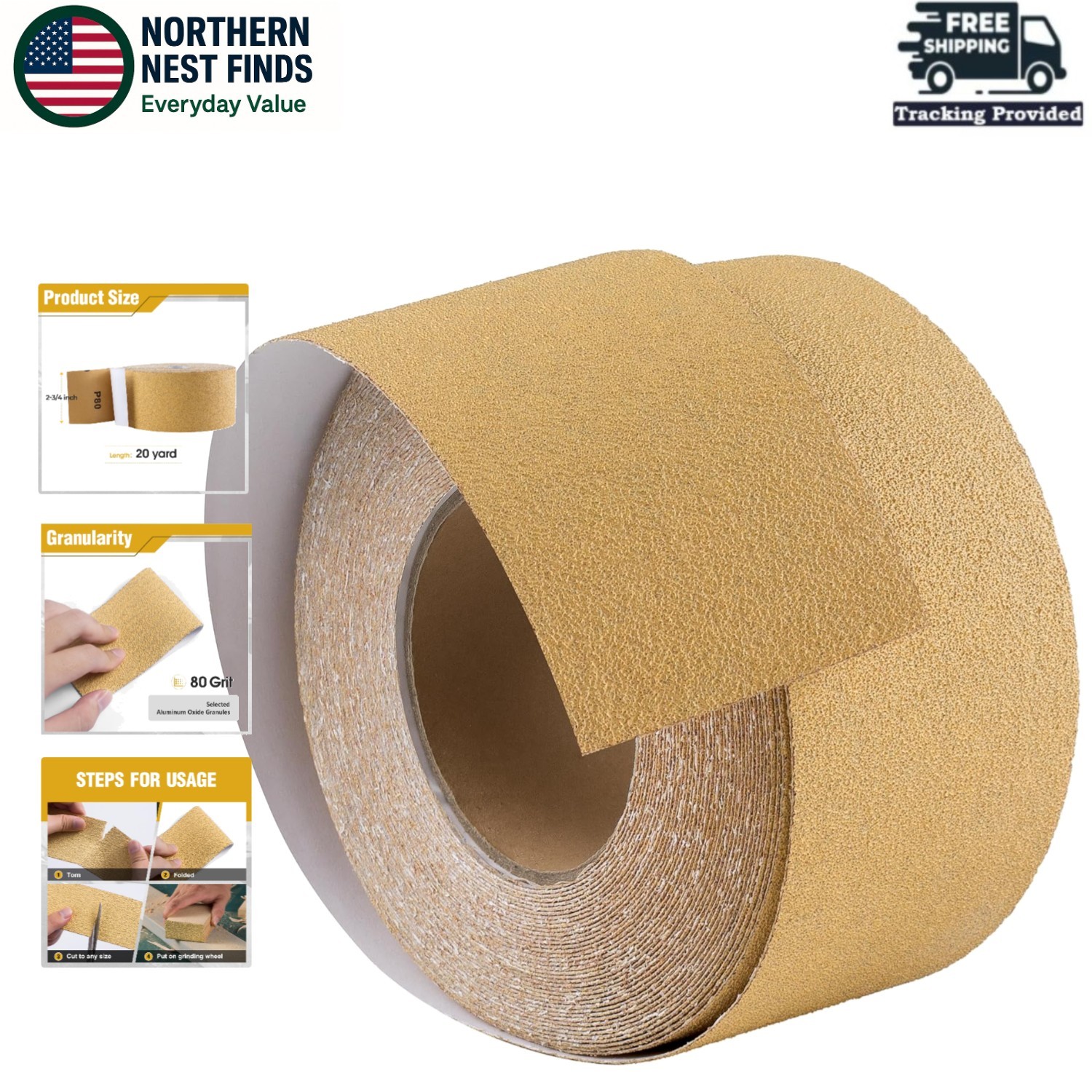 20 Yard 80 Grit Golden PSA Sandpaper Roll – Ideal for Woodworking and Auto Body