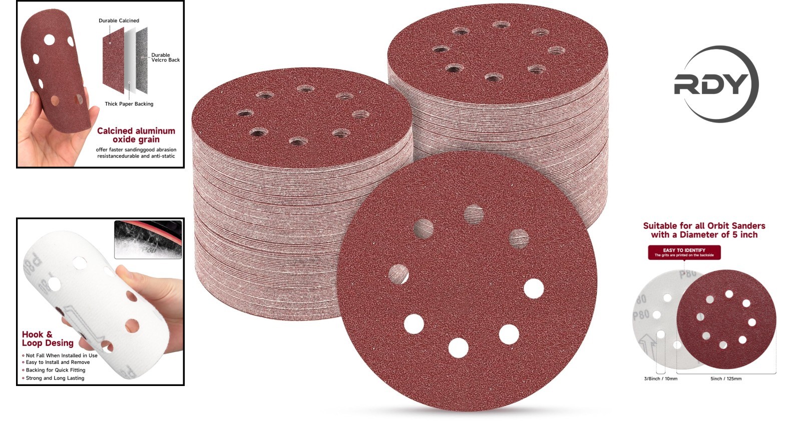 100 Hook and Loop 5 Inch Sanding Discs 80 Grit – Aluminum Oxide Quality