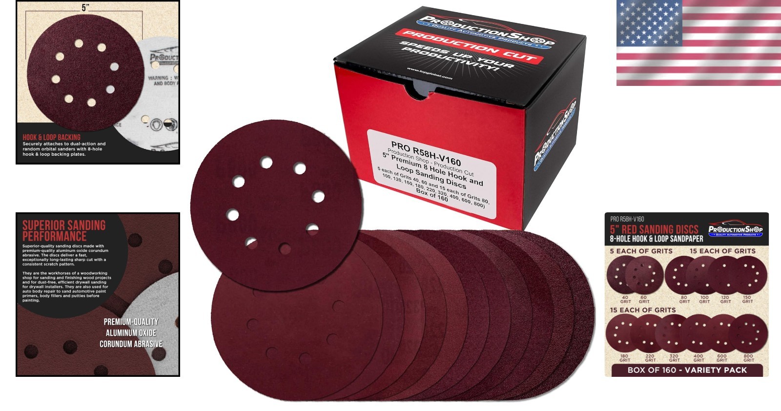 160 Pack 5 inch Sanding Discs 8-Hole Red Variety Pack Grit, Hook ,Loop Sandpaper