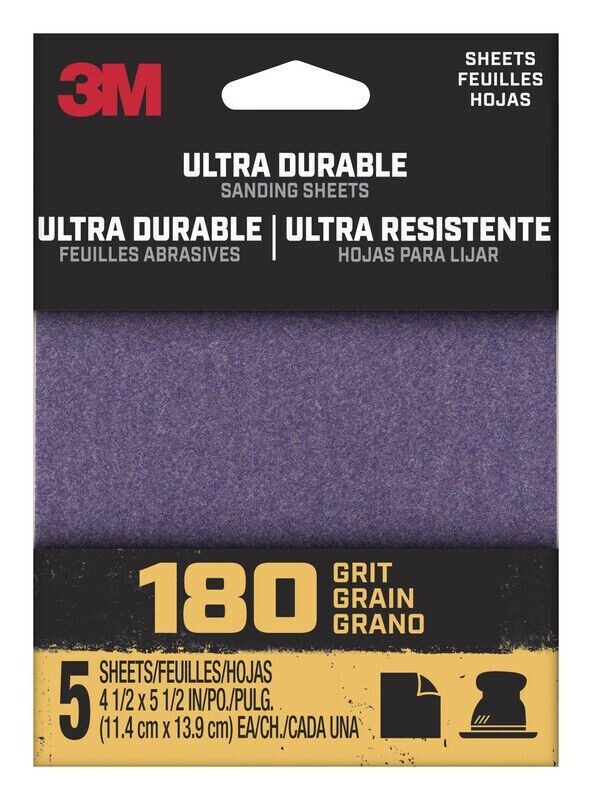 3M Ultra Durable 5.5″ L X 4.5″ W 180 Grit Aluminum Oxide Sanding Sheet 5 pk