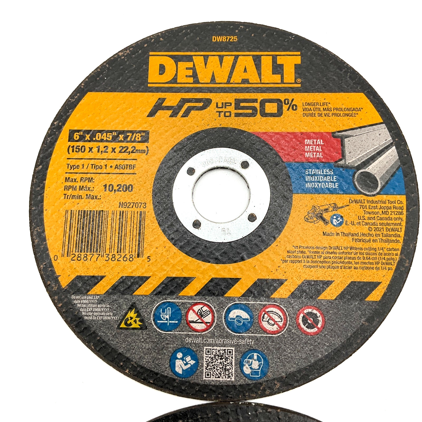 Lot of 2 DeWALT DW8725 6″ Metal Cut-Off Wheels Type 1 6″x.045″x7/8″