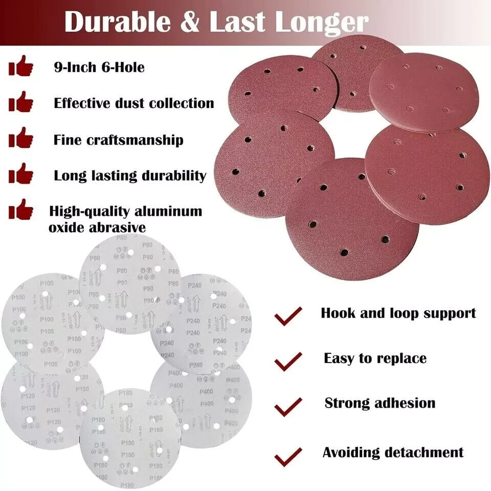 50 Pcs 9-Inch 6-Hole Hook-And-Loop Sanding Discs Sander Paper for Drywall Sander