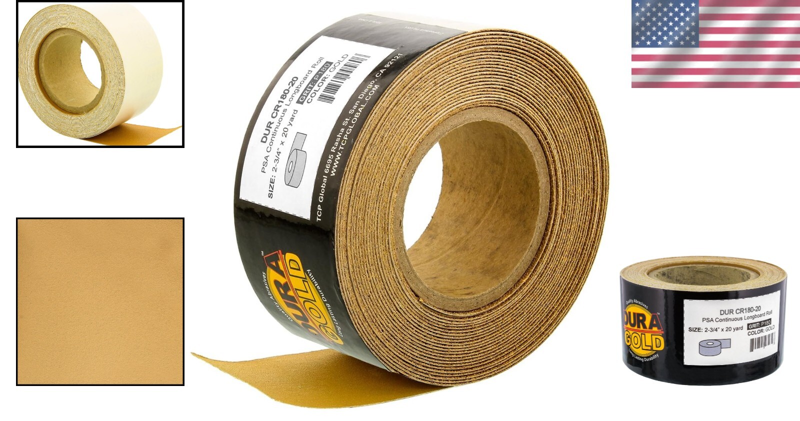 Gold 180 Grit PSA Sandpaper Roll: 20 Yards, Self-Adhesive for Wood & Auto