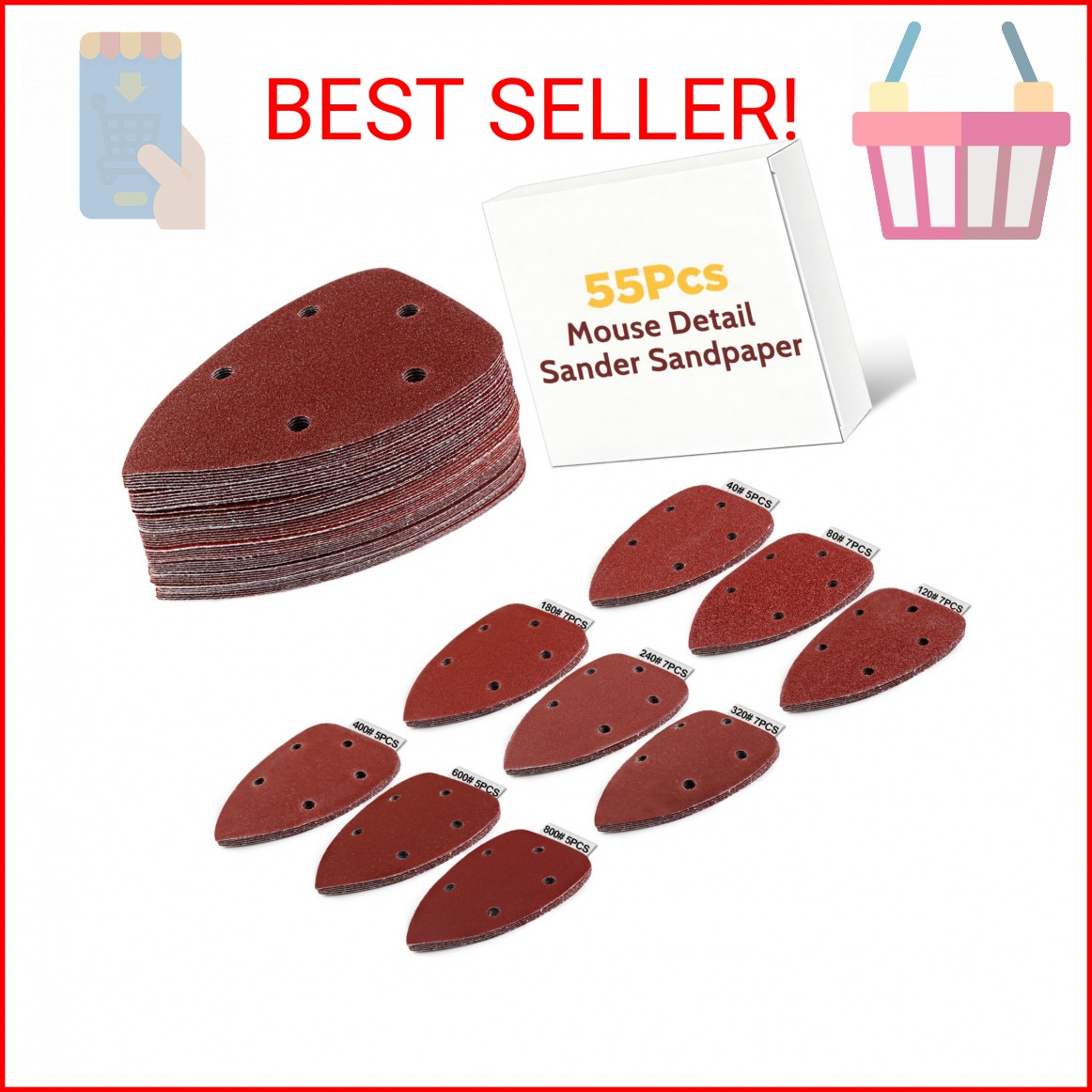 Giwiemi 55Pcs Mouse Detail Sander Sandpaper, 9 Grits Triangle Sanding Pads