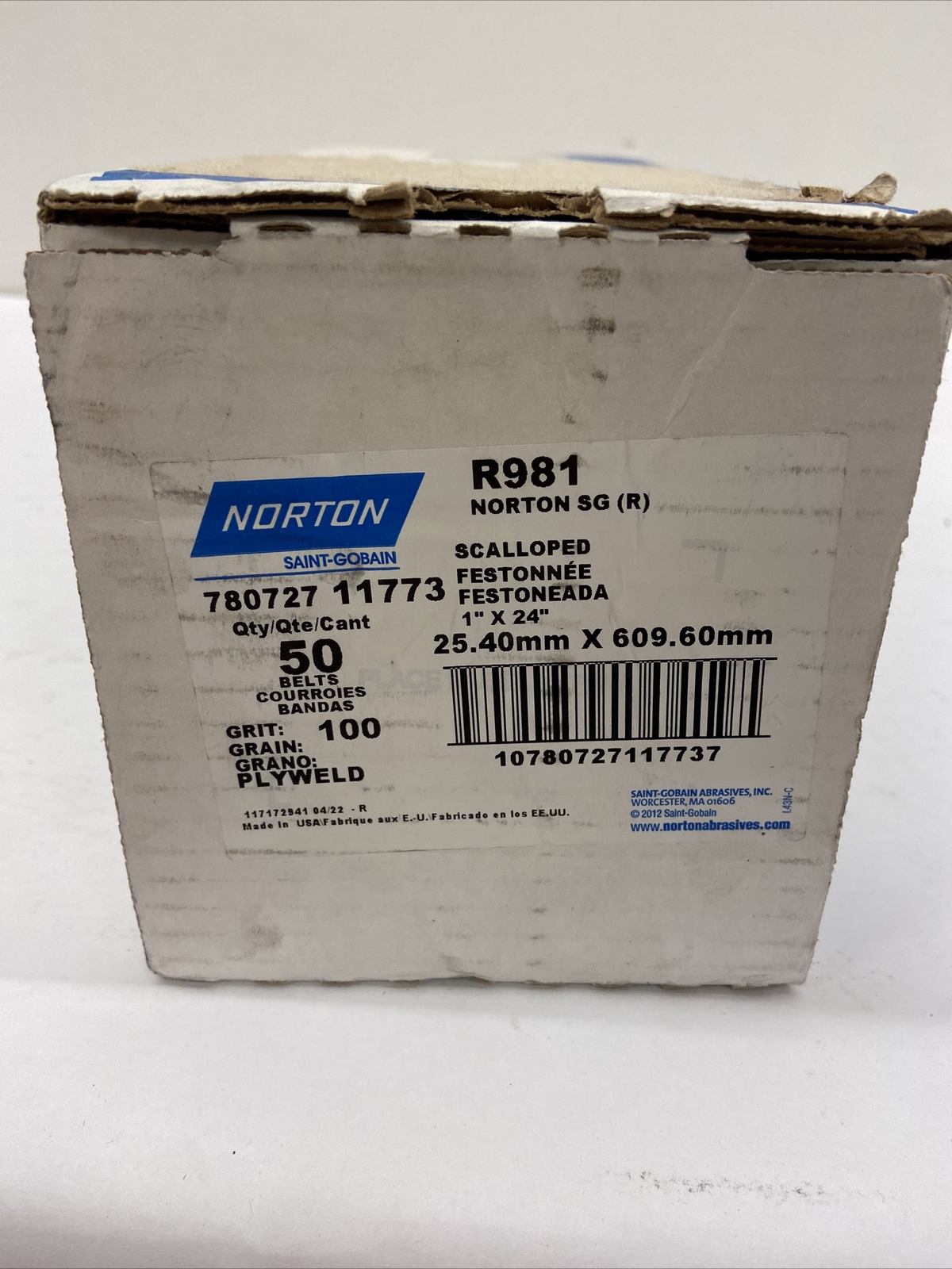 Norton 66254491532 1×24” SG R981 Coated CA Cloth File Belts 120 Grit 50 pk