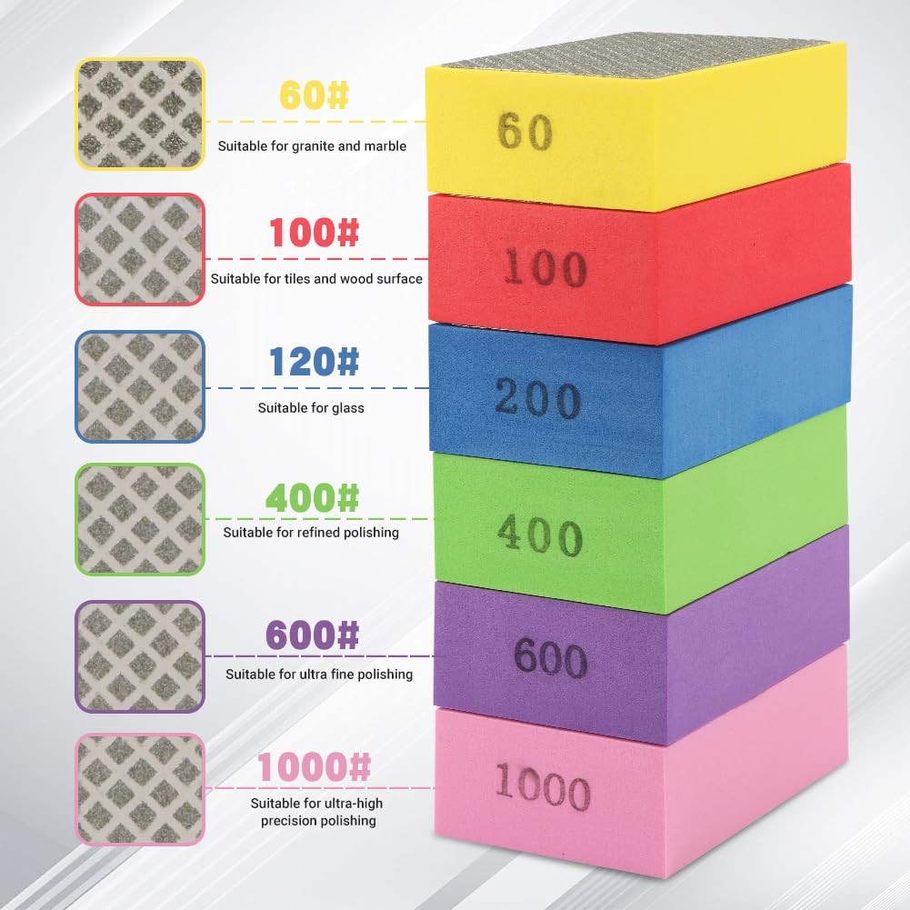 6 Pack Diamond Hand Polishing Pads Sanding Blocks for Glass Wood Ceramic Marble