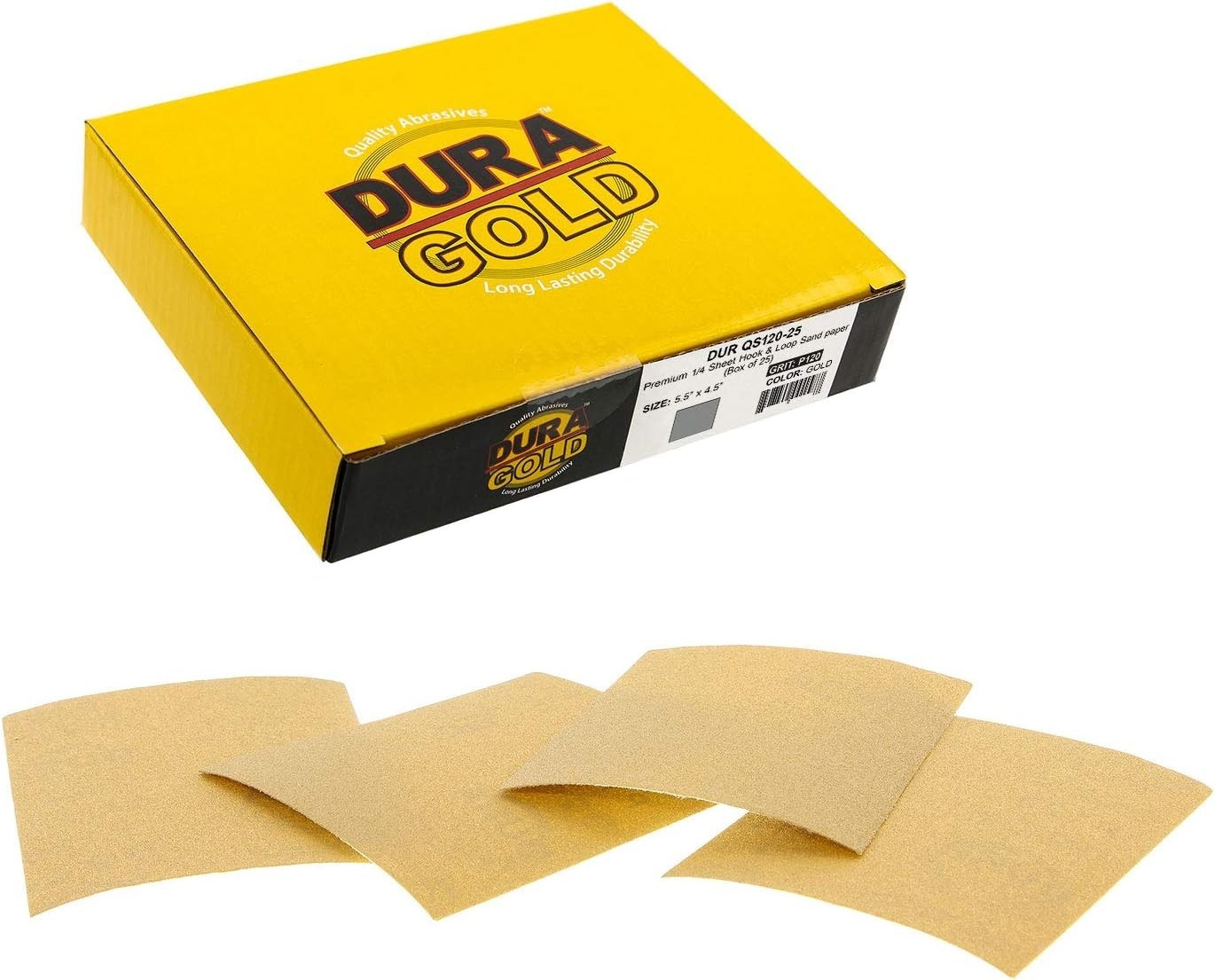 1/4 Sheet Sandpaper 120 Grit Gold Hook & Loop 4.5×5.5in 25 Pack For Palm Sanders