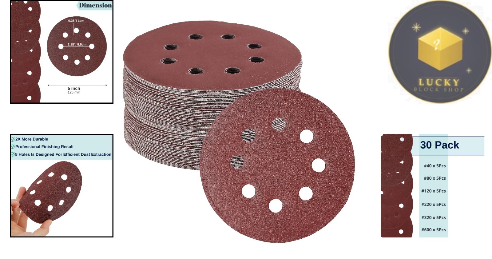 5 Inch Sanding Discs 30 Pack – Assorted Grits 40-600 for Orbital Sanders