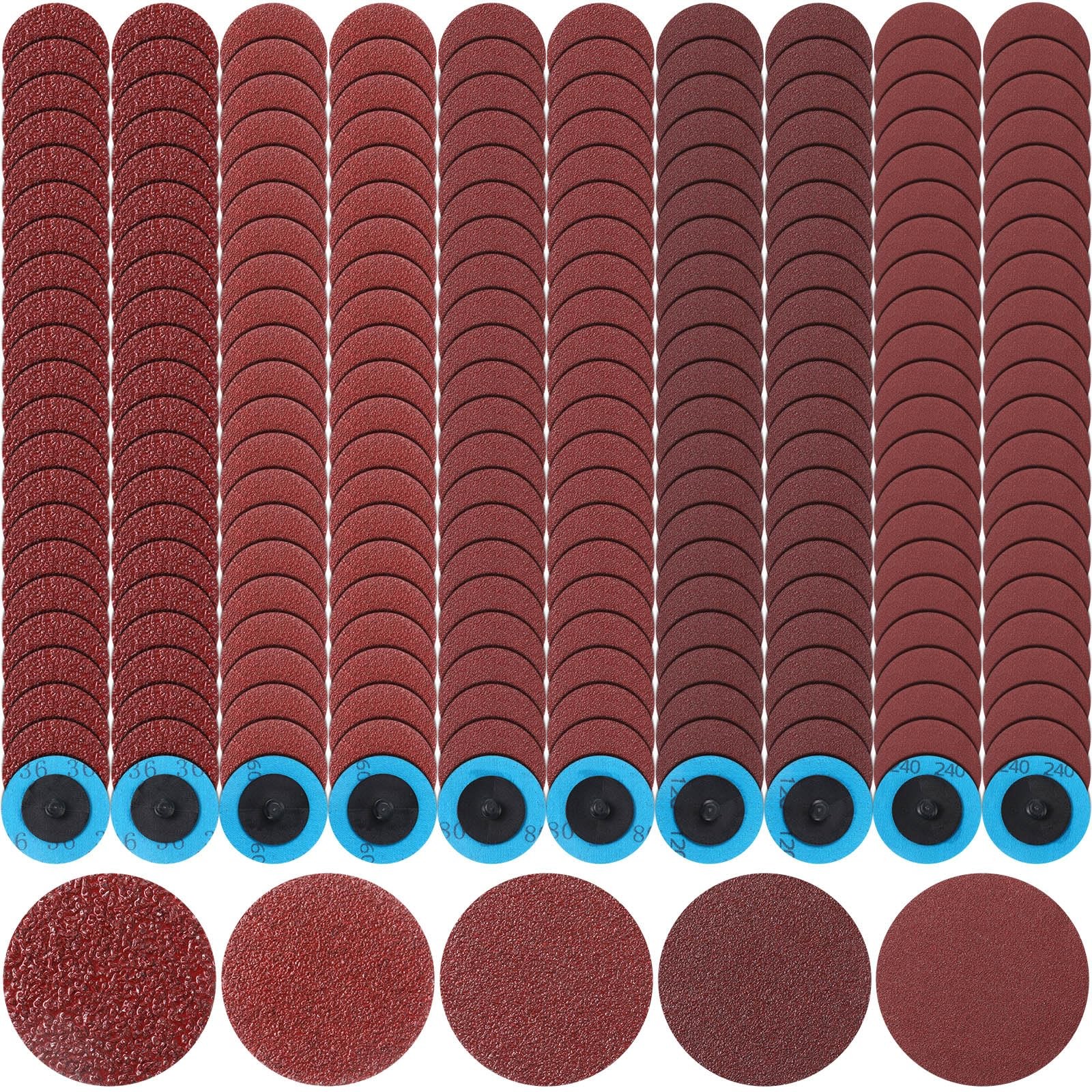 250 Pcs Mix Roll Lock Discs Set 36 60 80 120 240 Grit 2 Inch Sanding Discs Die G