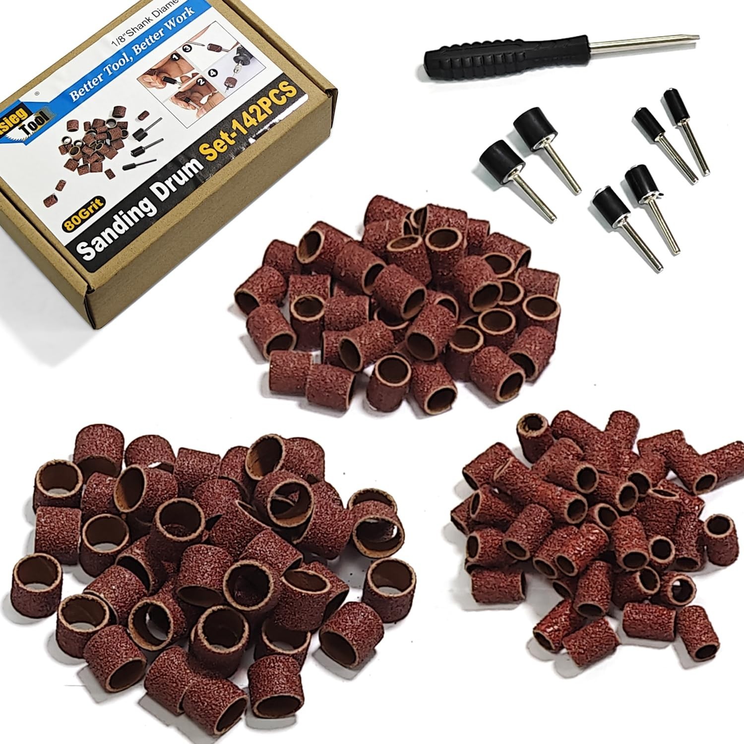 Asieg Tool Sanding Drum Kit 142Pcs 80Grit, 1/2″ & 3/8″ & 1/4″ Diameter Drum Sand