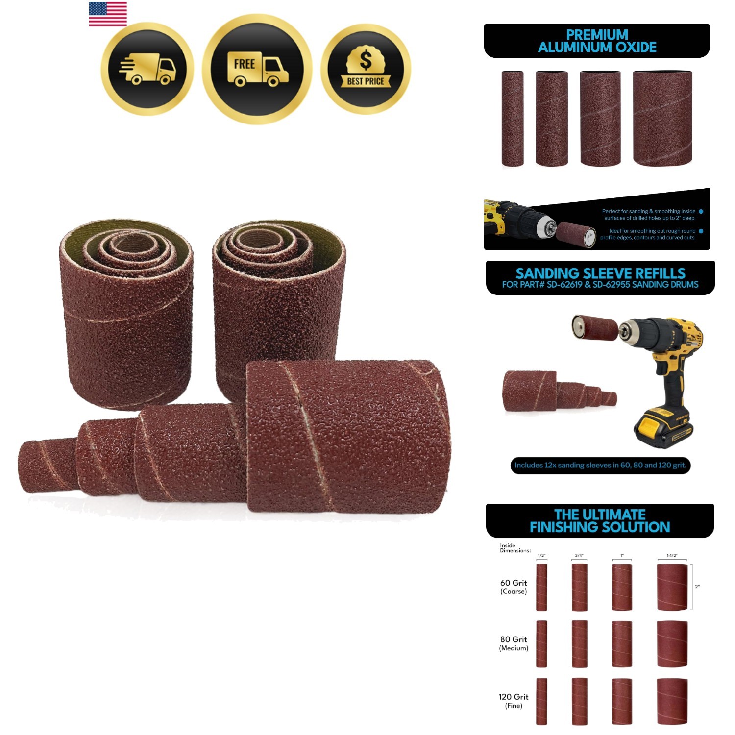 12 Pack Spindle Sanding Sleeves, 2 Inch Long, 60, 80 and 120 Grit
