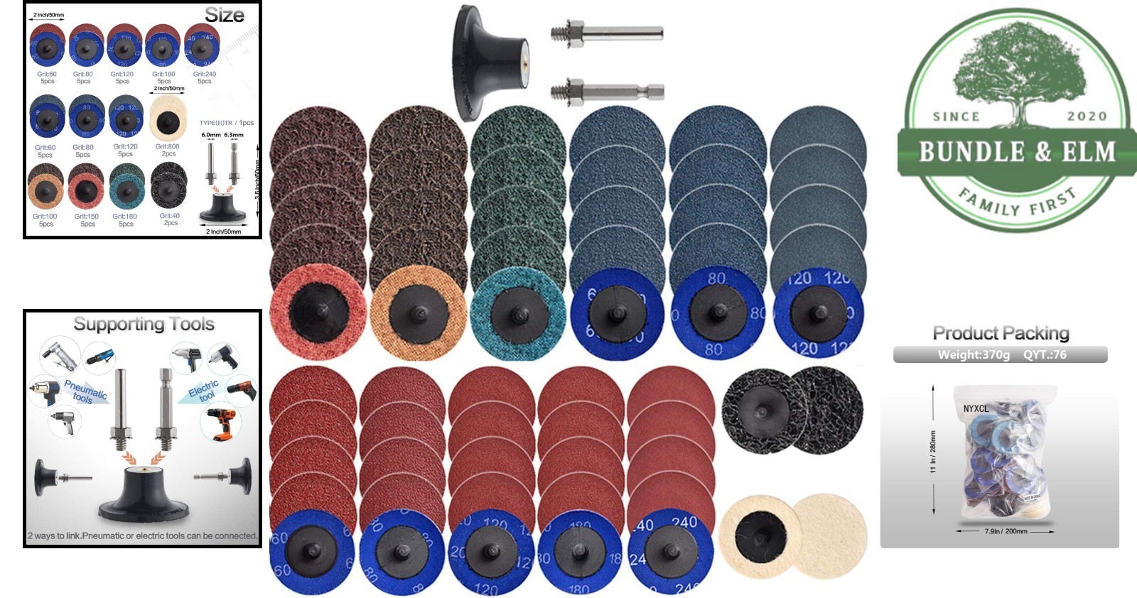 Sanding Discs Set of 60 for Angle Grinders, Includes 2-Inch Quick Change Holders
