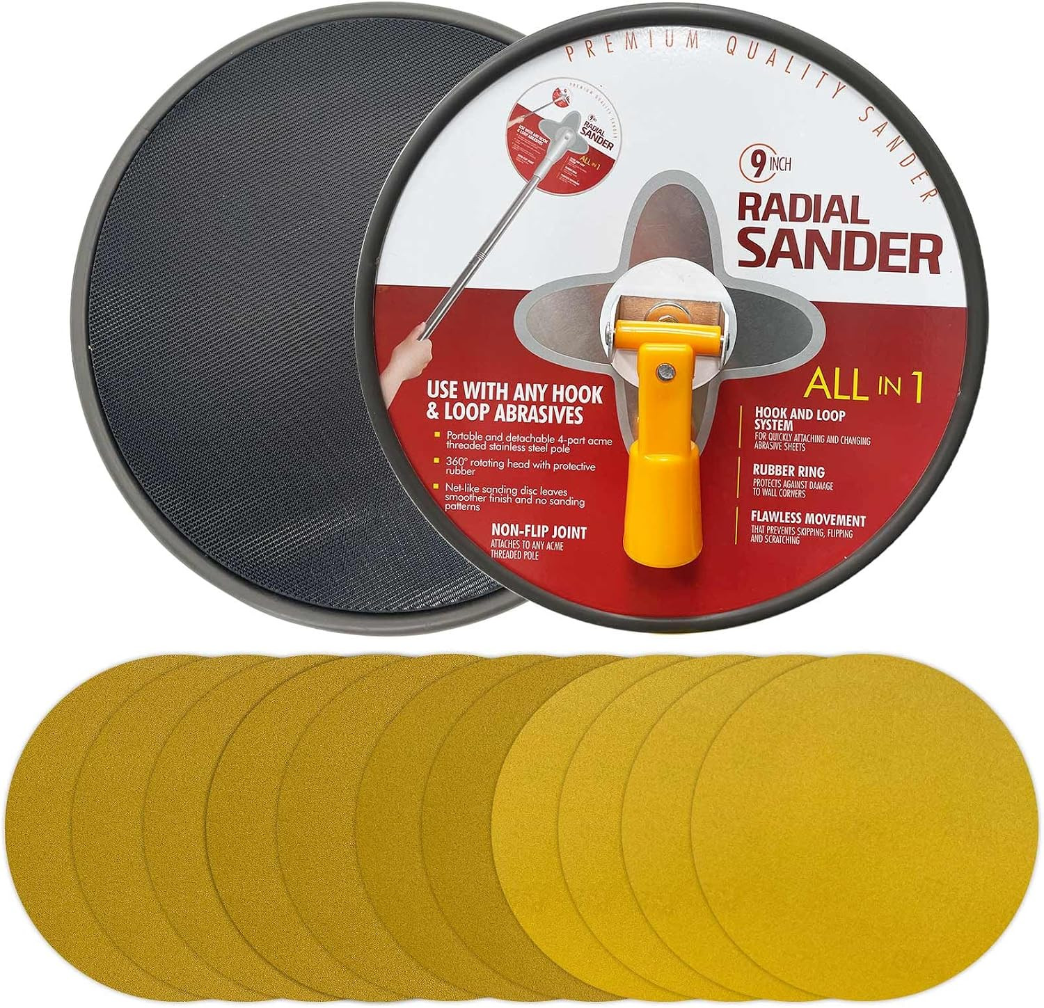Drywall Sander 9 Inch Radial round Pole Sander with 11Pcs Sanding Discs Hook