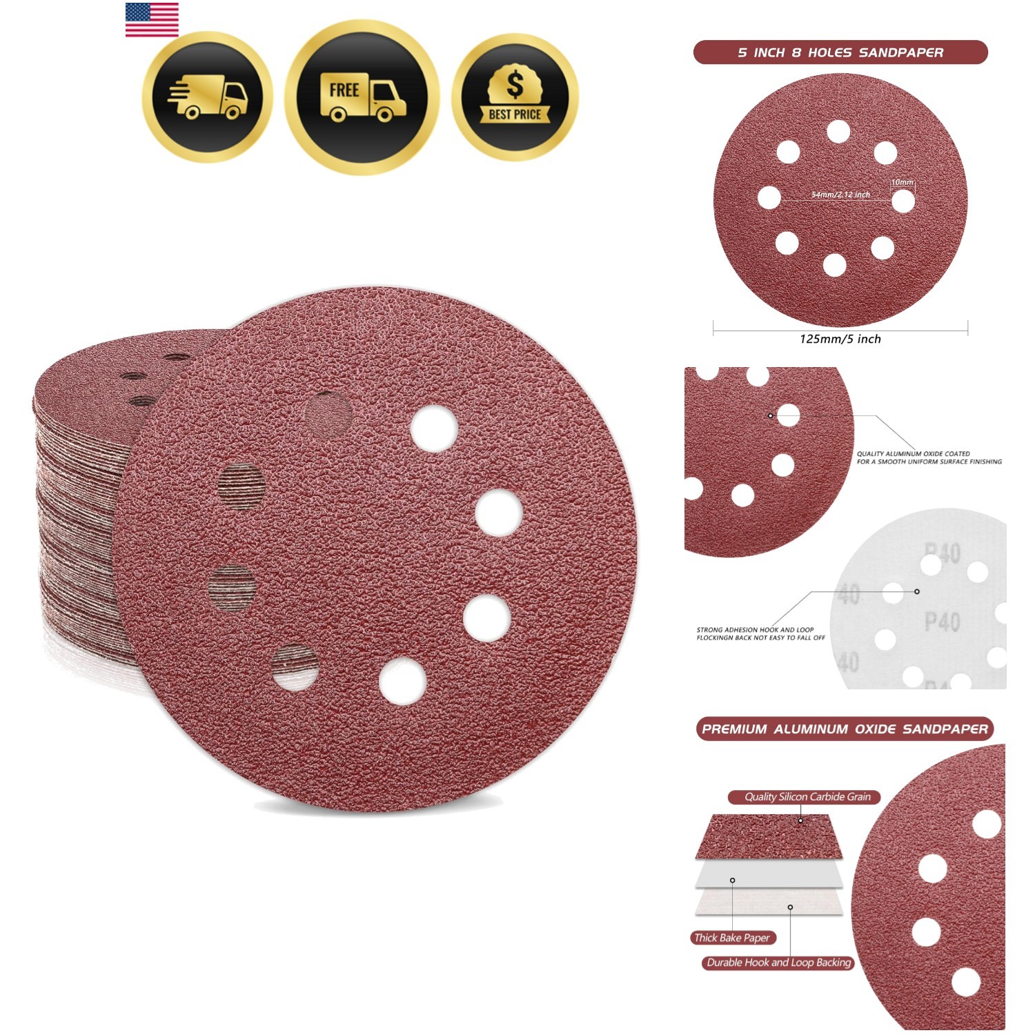 5 Inch Sandpaper 40 Grit, Coarse Grit 8 Hole Sanding Disc Hook and Loop Sandp…