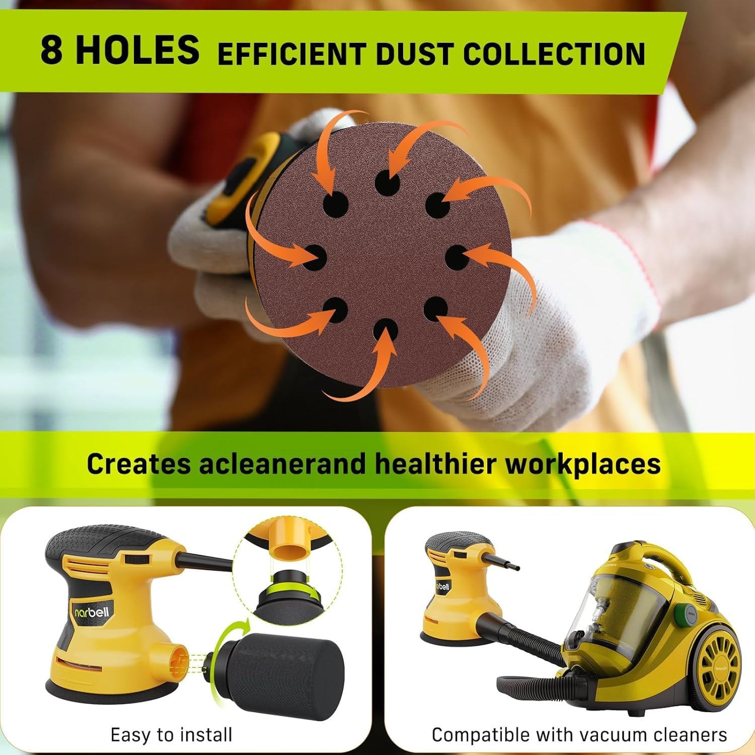 Narbell Orbital Sander 3.2A (380W), 14000RPM Max 6 Variable Medium, Yellow