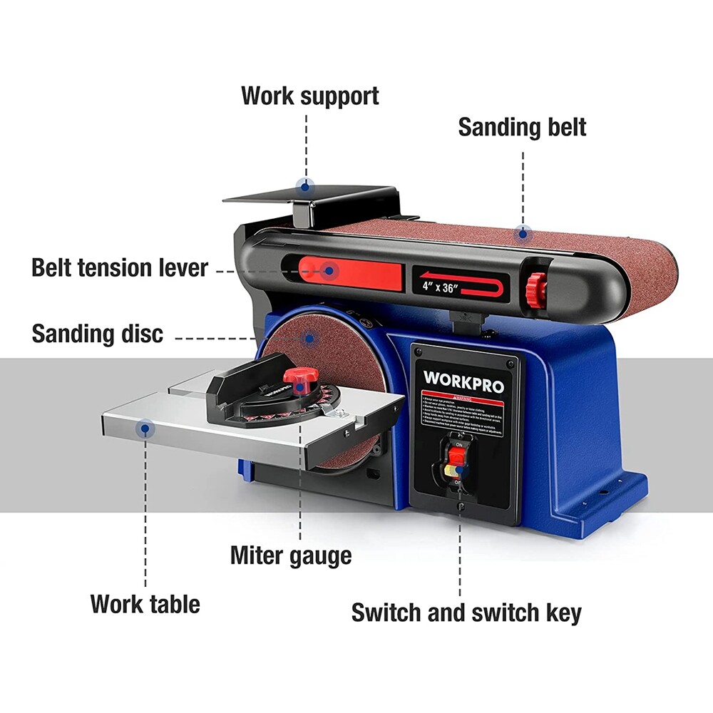 WORKPRO Belt Disc Sander 4 in. x 36 in. Belt & 6 in. Disc Sander 6pcs Sandpapers