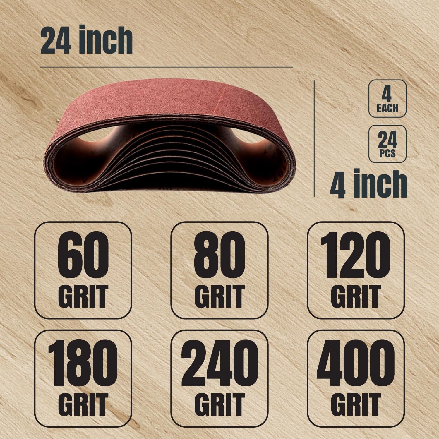 POWERTEC 4×24″ Sanding Belts 24PK 60/80/120/180/240/400 Grit Aluminum Oxide
