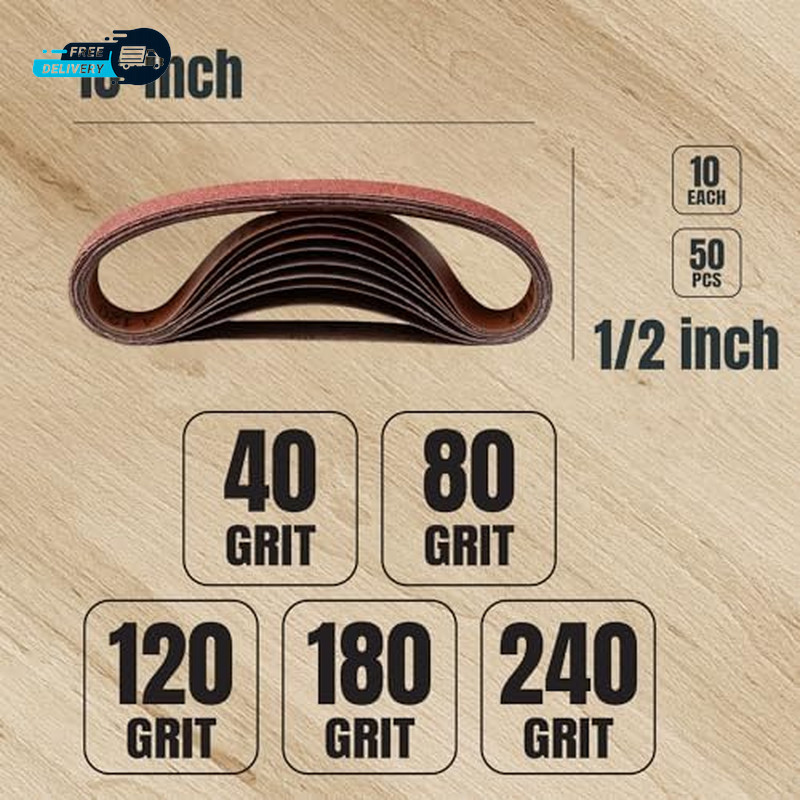 1/2 X 18 Inch Sanding Belts 50PK 10 Each of 40/80/120/180/240 Grits