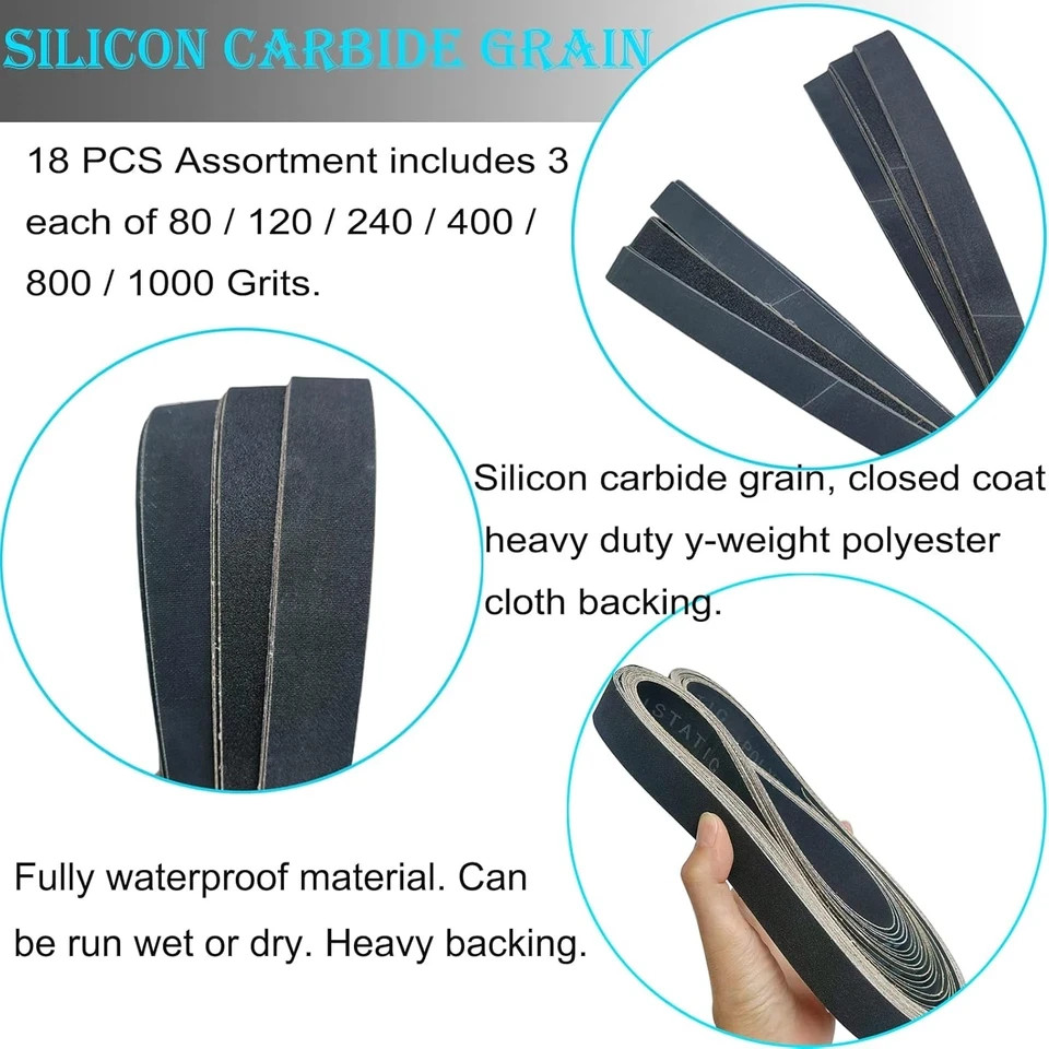 18 PCS 1 X 42 Inch Silicon Carbide Sanding Belts Assortment- 80, 120, 240, 400,