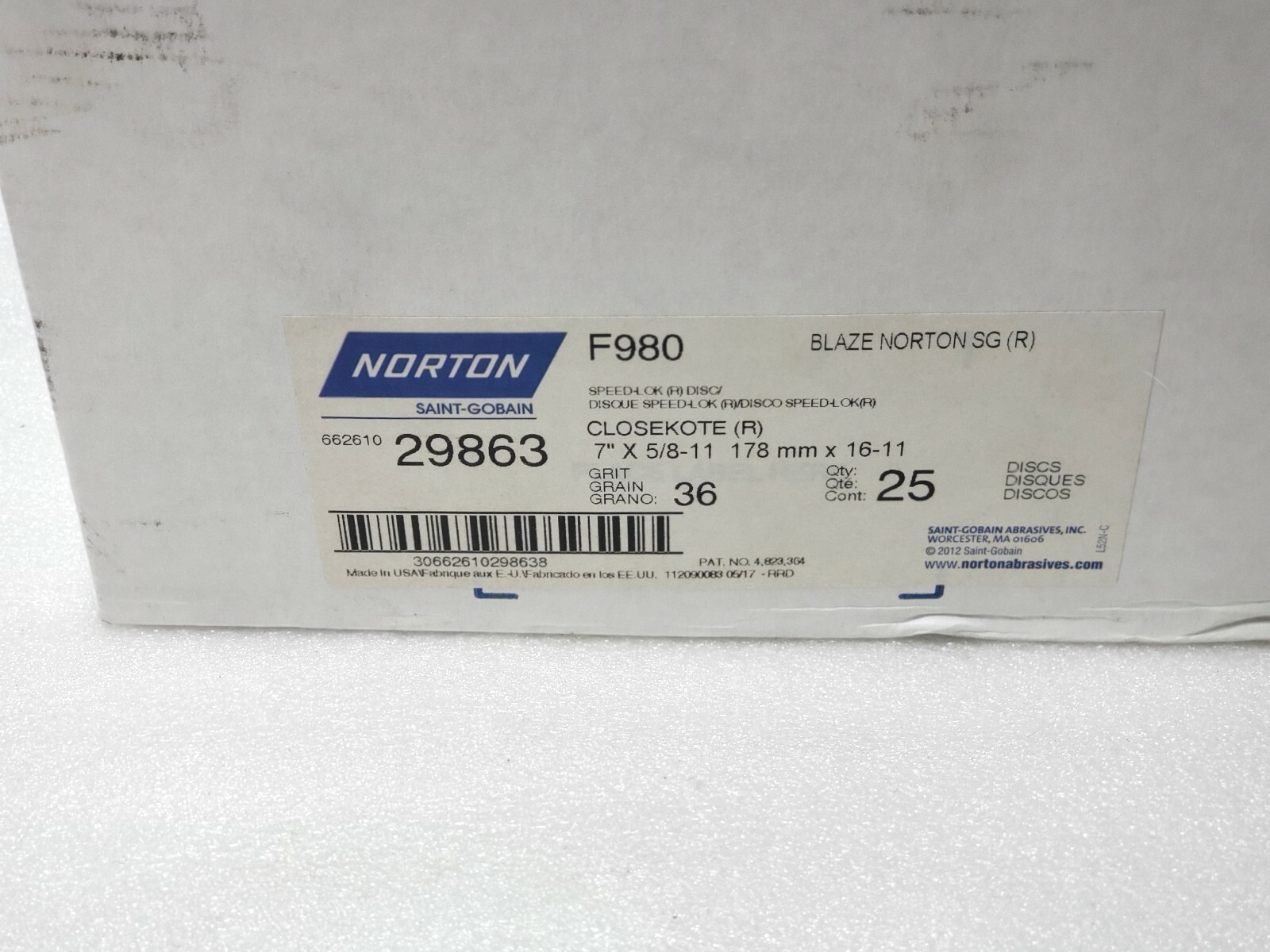 25Pcs Norton 7″ X 5/8-11 Blaze F980 Speed Change Fiber Disc 36 Grit 66261029863