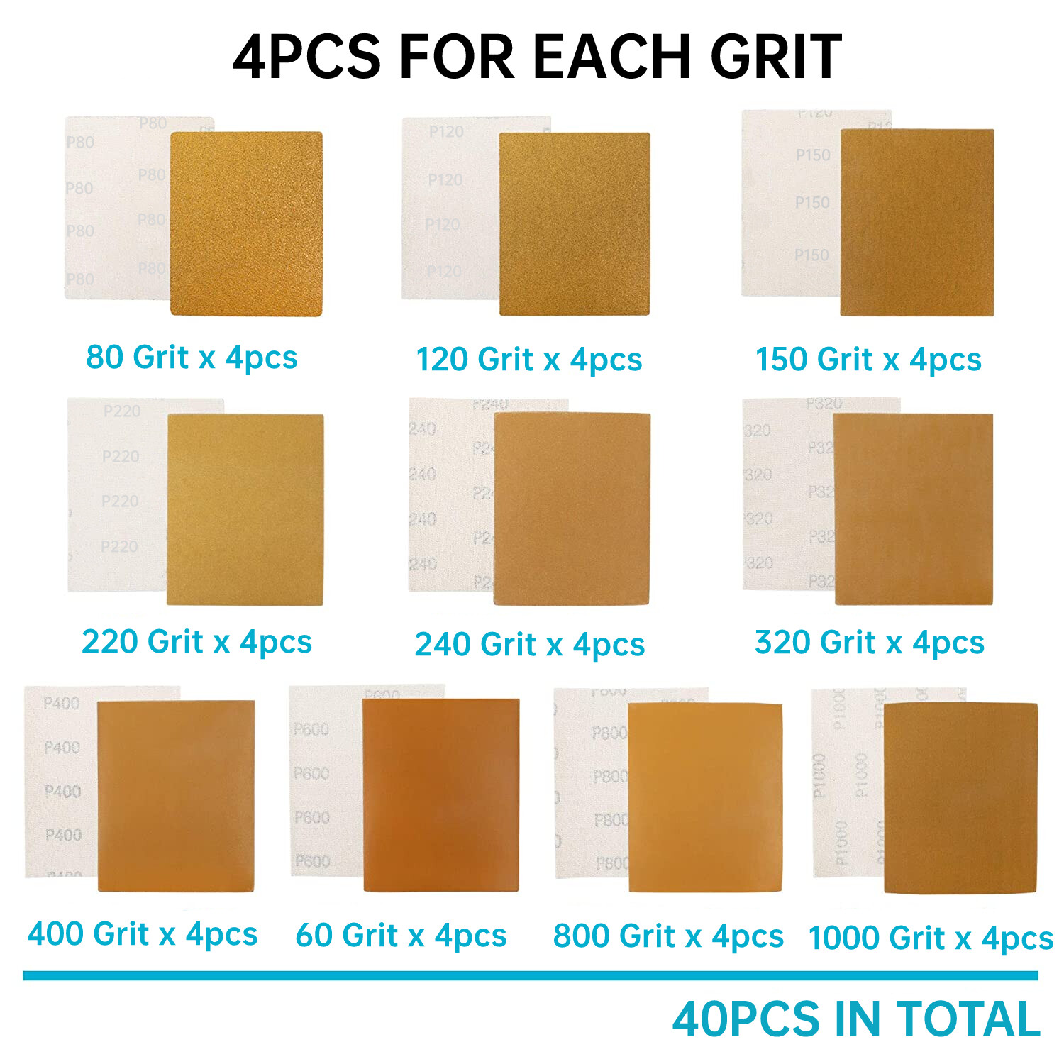 Sandpaper 4-1/2 x 5-1/2 in Sheets 80 120 150 220 240 320 400 600 800 1000 Grit