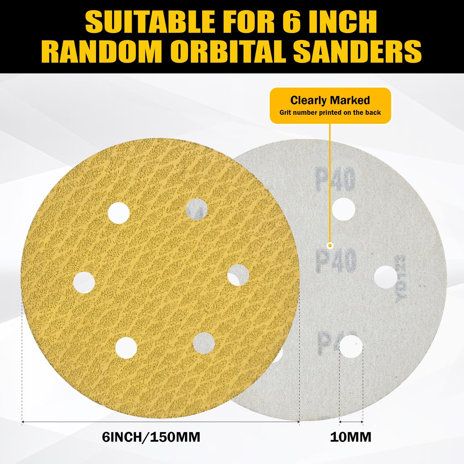 Huzeew 60Pcs 6 Inch 6-Hole Hook&Loop Sanding Discs, 60 Grit Diamond Yellow Sa…