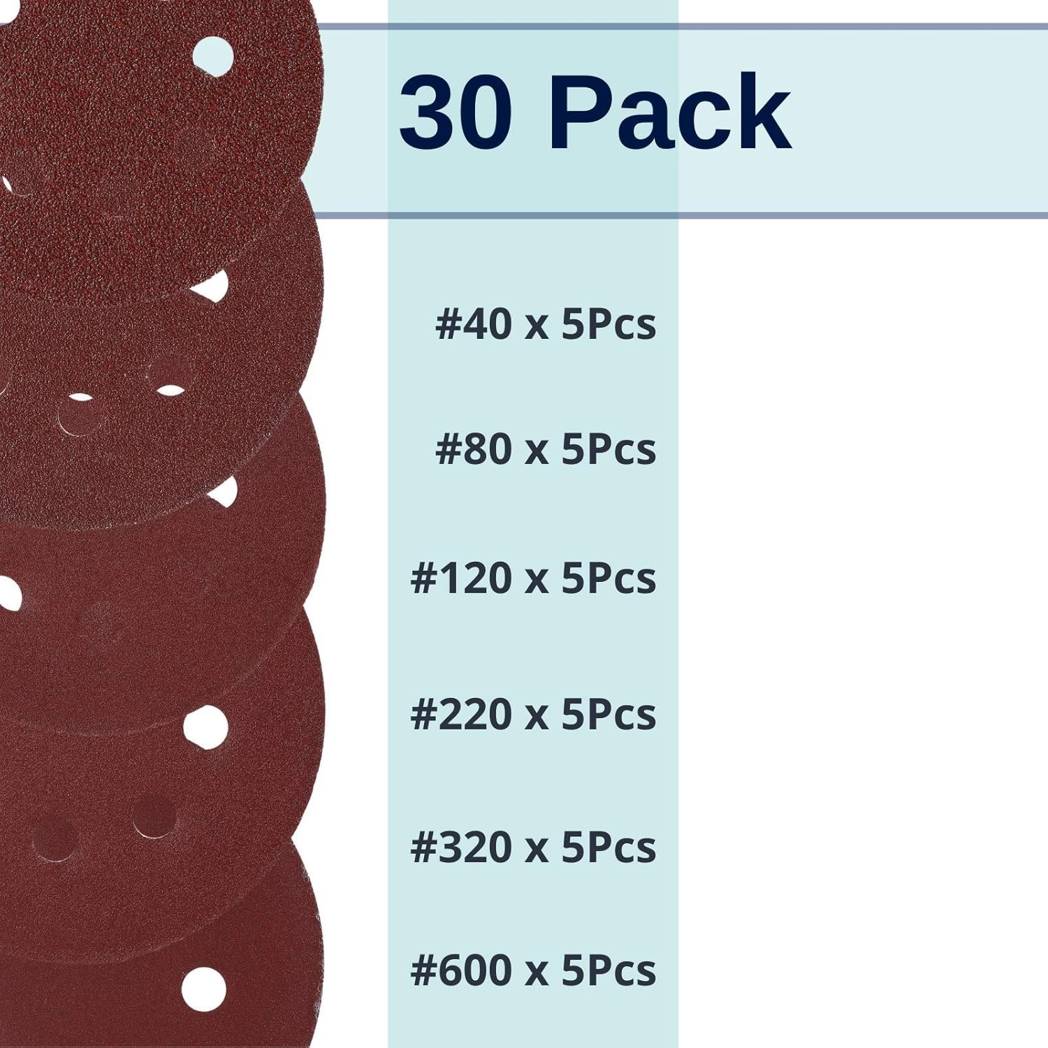 Bates- Sanding Discs 5 Inch 8 Hole, 30 Pack, Assorted Grits 40 80 120 220 320…