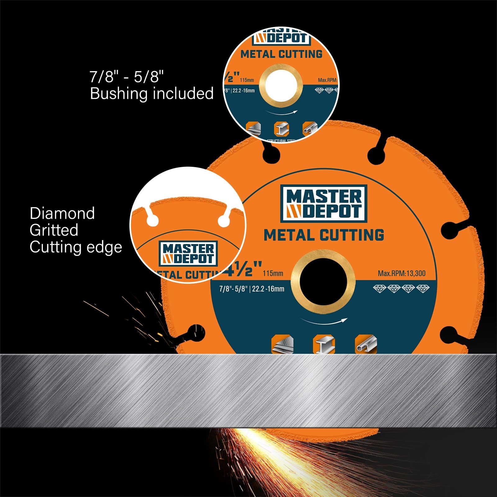 MASTER DEPOT 4 1/2“ Cut Off Wheels, Diamond Cutting Wheel for 5/8“ Orange