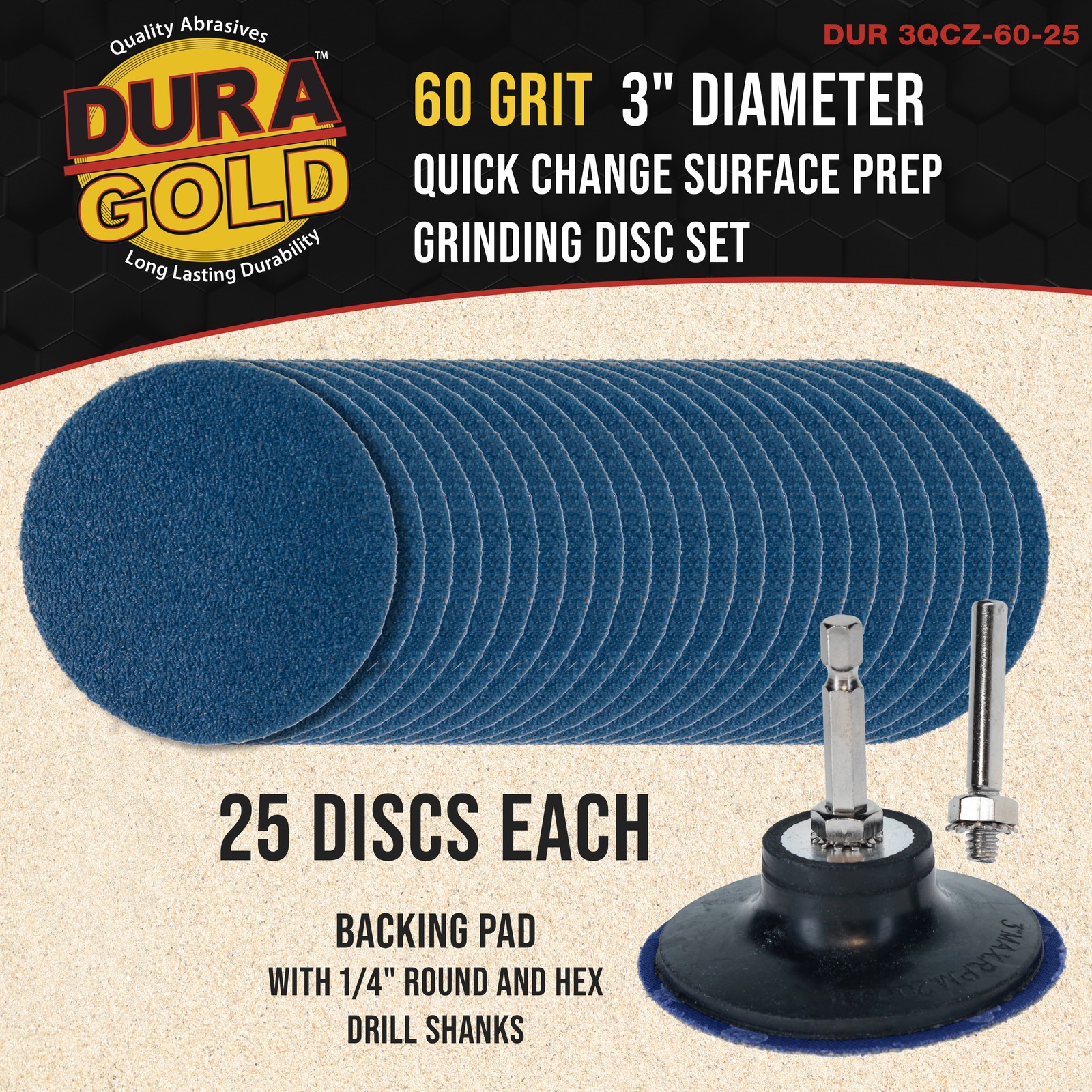 Dura-Gold 3″ 60 Grit Quick Change Surface Prep Grinding Disc Set, 25 Discs, Pad