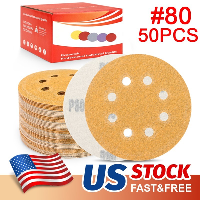 50Pcs 5 inch Sanding Discs 8-Hole Hook Loop for Orbital Sander Paper 80 Grit Wet