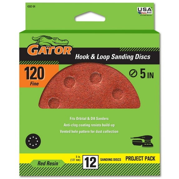 12 – Gator Hook & Loop Sanding Discs 120 Fine 5″ (127mm) Red Resin Vented Hole
