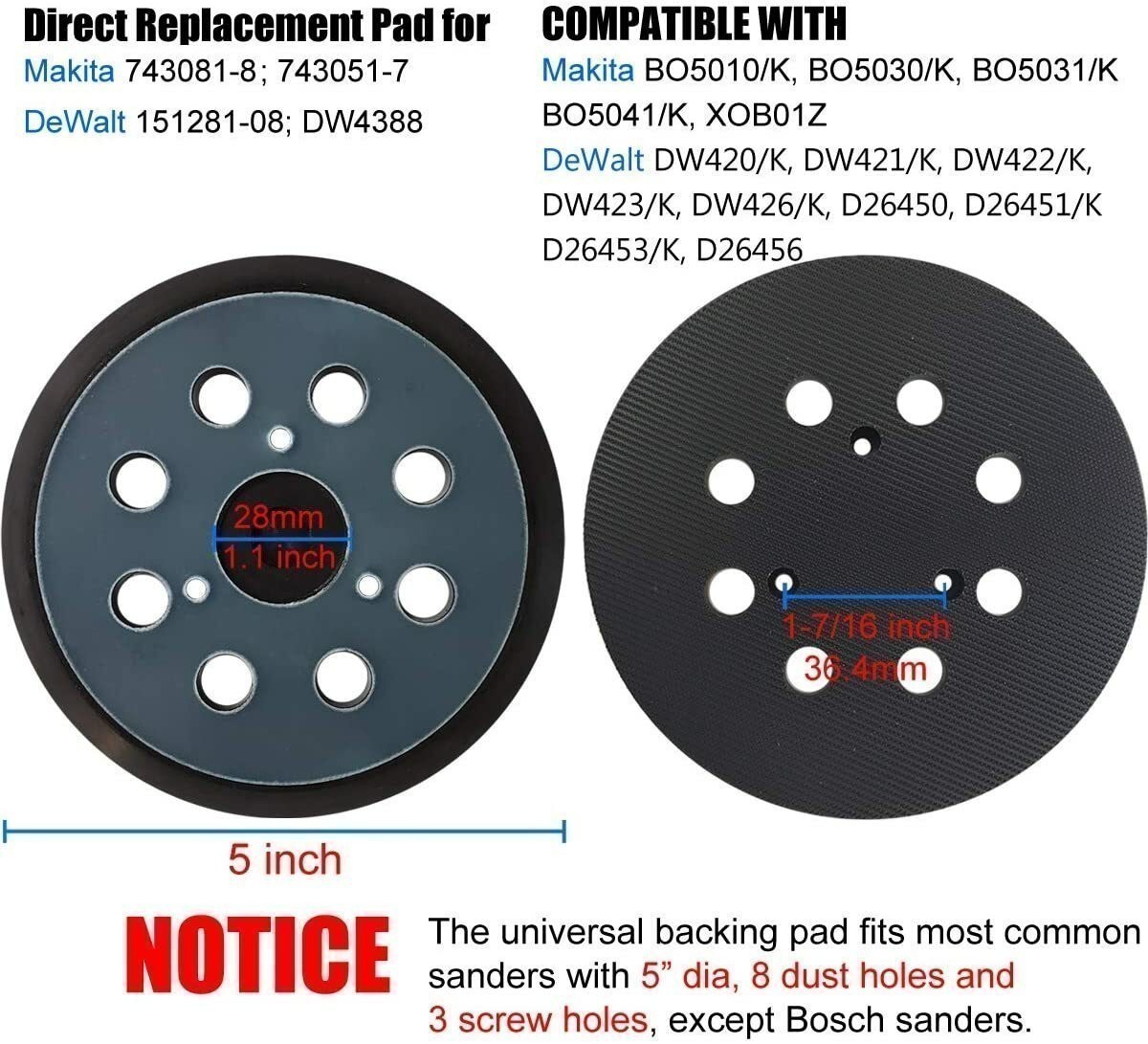 2x 5inch Orbital Sander Replacement Pad Hook Loop for Dewalt/Makita/Porter Cable