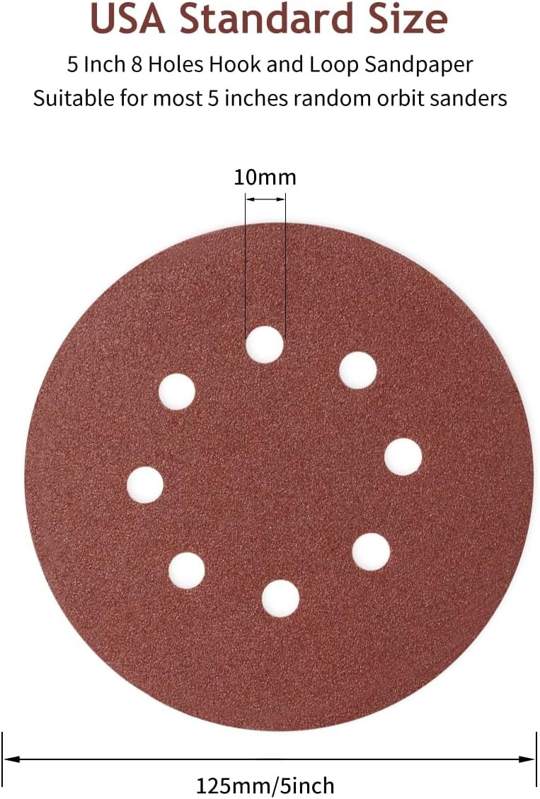 5 Inch 8 Hole Sanding Discs Hook and Loop, 50 PCS 80 Grit Round Sand Paper Disc,