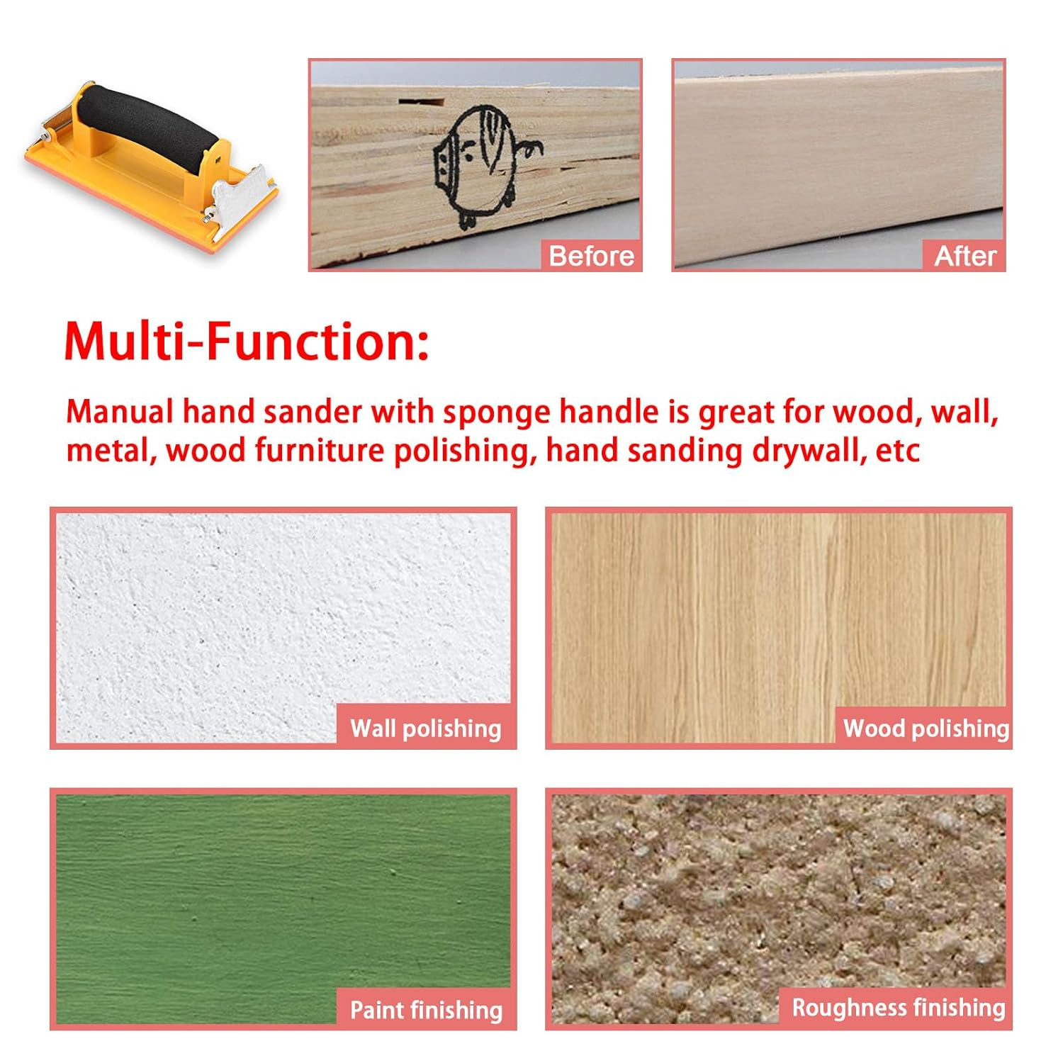 Hand Sander, Sandpaper Holder with Sponge Handle, 7 X 3.5 Inch Manual Hand Sandi