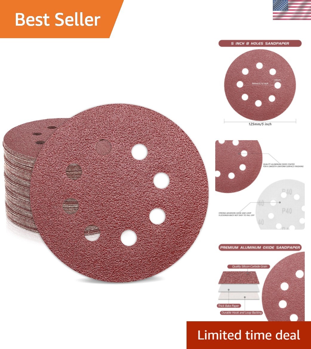 5 Inch Sandpaper 40 Grit, Coarse Grit 8 Hole Sanding Disc Hook and Loop Sandp…